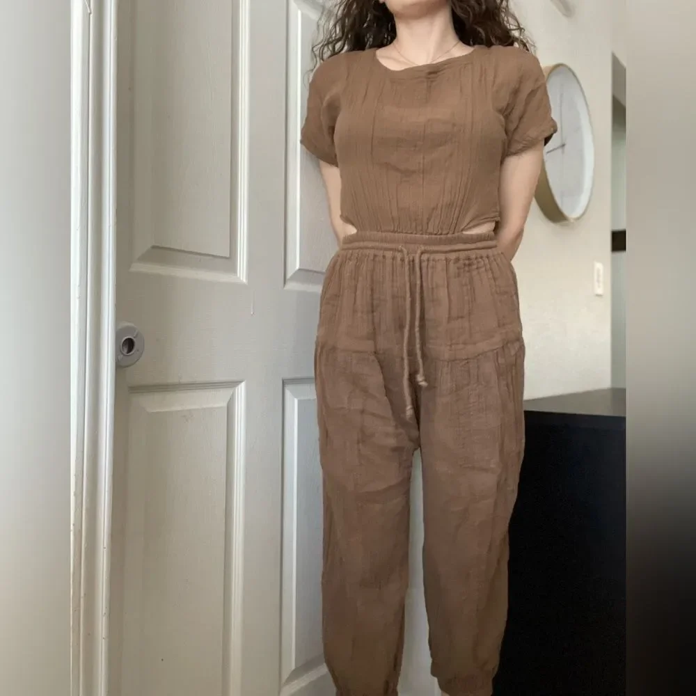 Free People Boho Jumpsuit Open Back Size XS Brown Cotton‎ Gauzy Romper